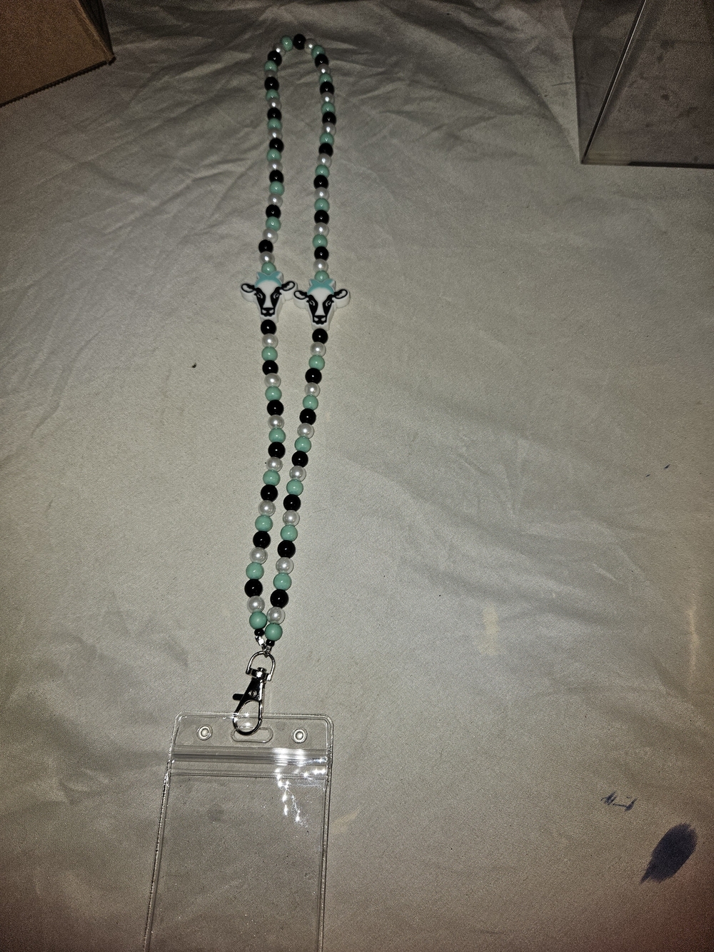 Beaded Mint & Black ID Lanyard with Clear Card Holder